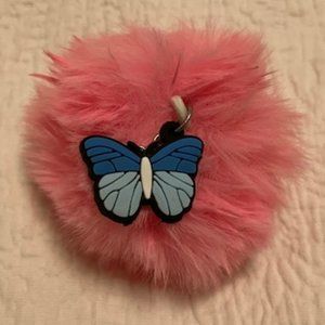 Pink Fluff Ball with Butterfly Key Chain